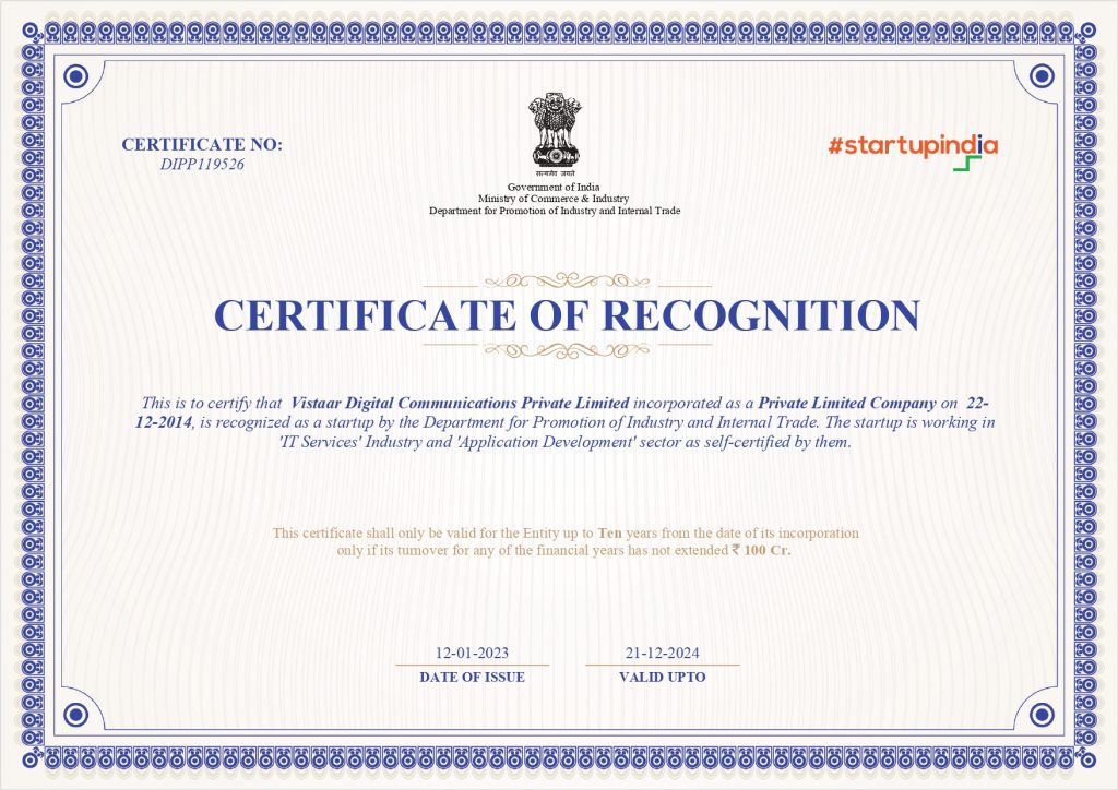 CERTIFICATION -VISTAAR DIGITAL COMMUNICATIONS PRIVATE LIMITED RECOGNITION